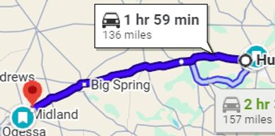 Map showing a driving route from Midland to Houston with travel time and distance.