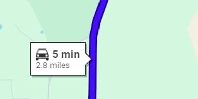 Map showing a 5-minute, 2.8-mile driving route segment.