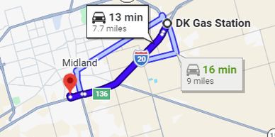 Map showing a driving route from DK Gas Station to Midland, 13 minutes for 7.7 miles.