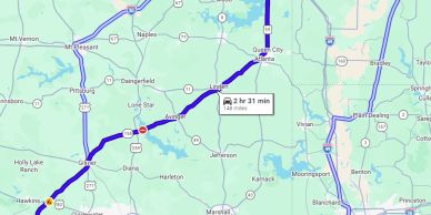 Map showing a 2 hour 31 minute driving route covering 148 miles.