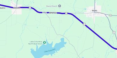 Map showing a route passing through Buckhart and Jefferson near Lake Columbia.
