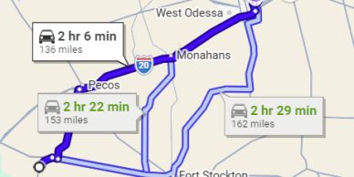 Map showing three driving routes with different distances and times.