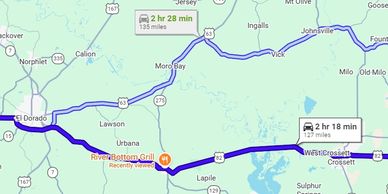 Map showing routes from El Dorado to West Crossett with travel times.