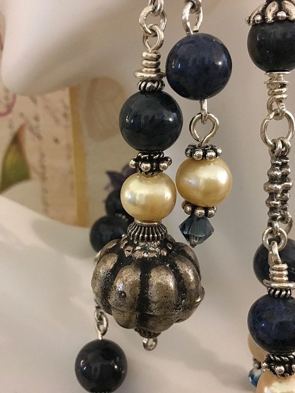 Blue Dumortierite & Pearl Earrings and Necklace