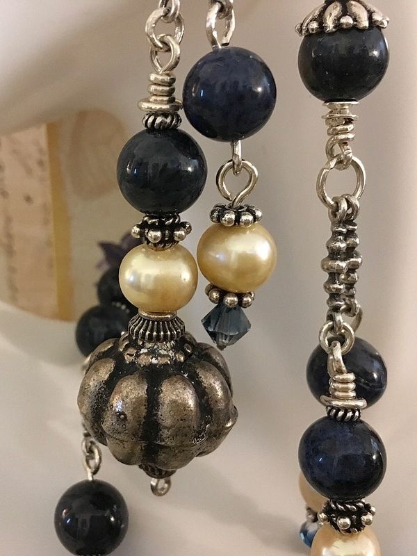 Blue Dumortierite & Pearl Earrings and Necklace