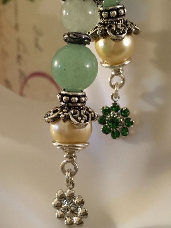 Aquamarine, Aventurine, And Pearl Earrings