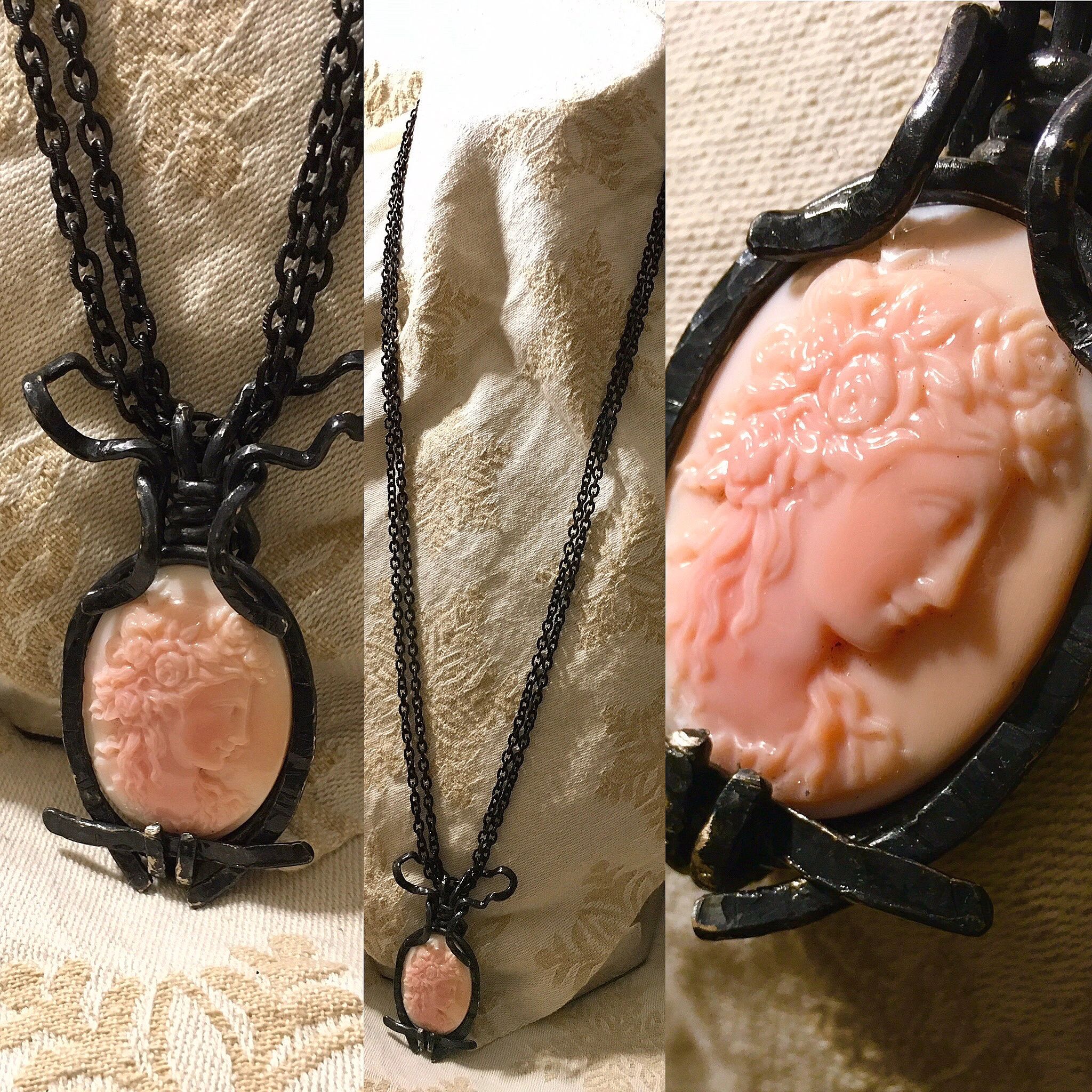 PINK QUEEN CONCH CAMEO NECKLACE SET IN OXIDIZED
STERLING SILVER