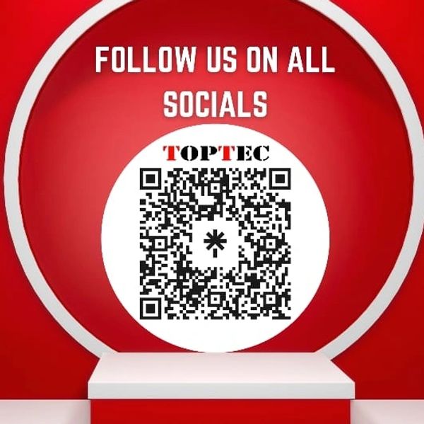 Red circular sign with a QR code and social media follow prompt.