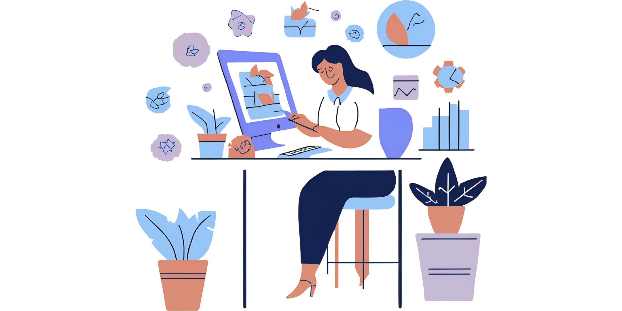 Woman working on computer surrounded by potted plants and icons.