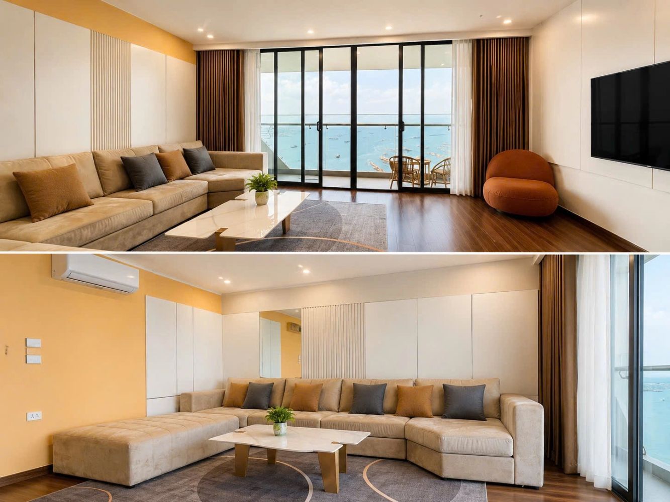 Modern living room with ocean view and beige sofa.