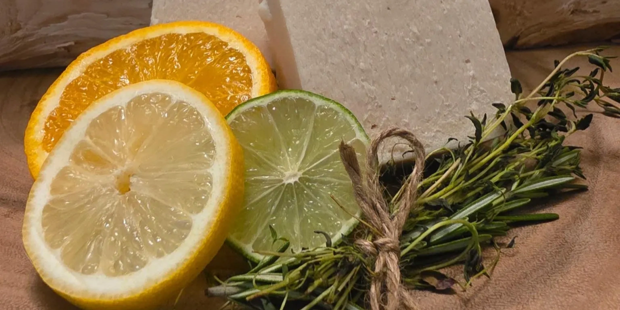 Two pieces of soap with citrus slices and herbs.