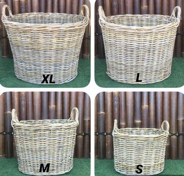 Four wicker baskets in different sizes labeled XL, L, M, S.