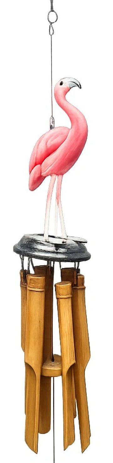 Wind chime with a pink flamingo figurine.