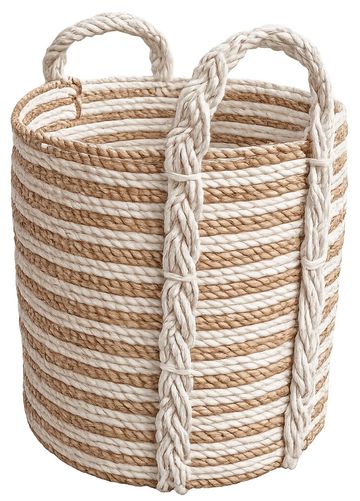 Woven basket with handles made of twisted rope.