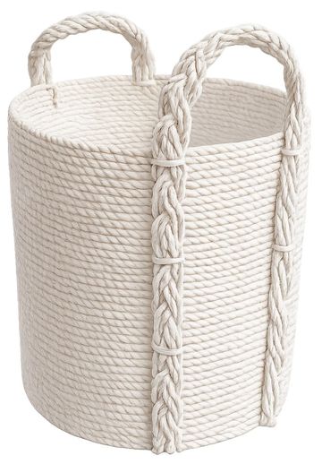 White woven rope basket with handles.