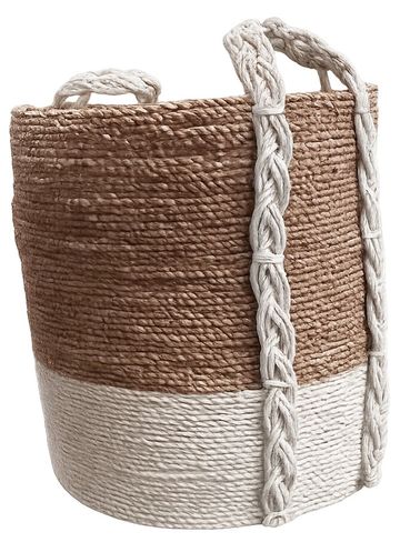 Two-tone woven basket with handles.