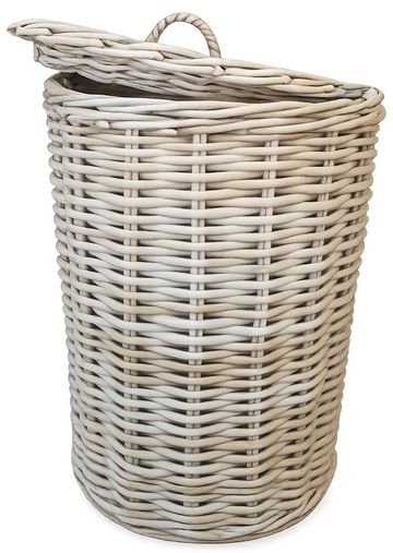 White wicker laundry basket with lid.