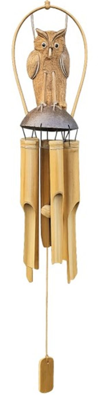 Wooden owl-shaped wind chime with bamboo tubes.