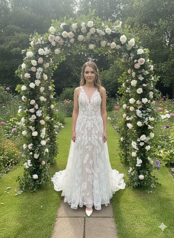 Bride in a floral lace wedding gown standing under a flower arch outdoors.