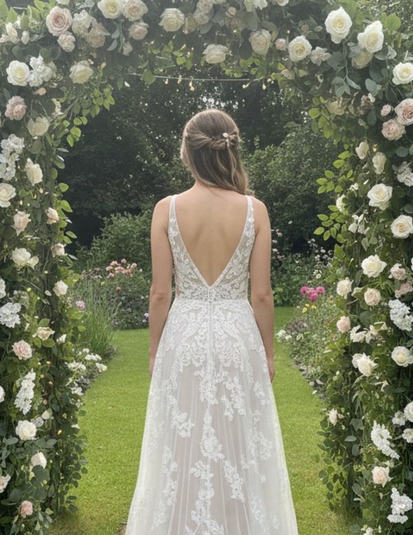 Bride in a lace gown under a floral arch in a garden.