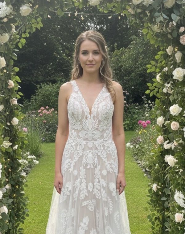 Bride in a lace wedding dress standing under a floral arch in a garden.
