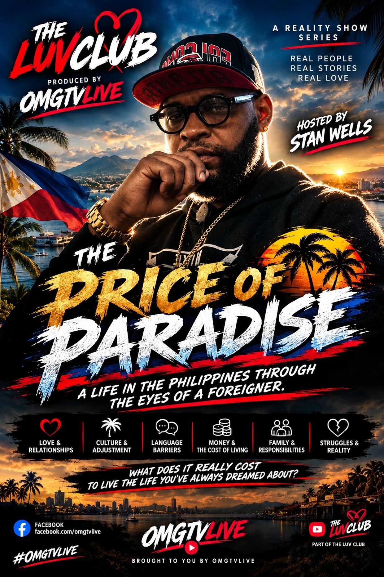 Reality show poster featuring a man and tropical paradise theme.