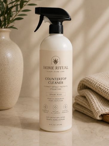 Elegant bottle of Home Ritual countertop cleaner in a cozy bathroom setting.