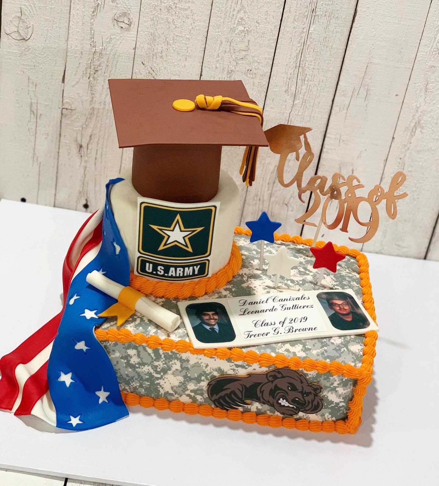 Graduation cake with U.S. Army theme and Class of 2019 topper.