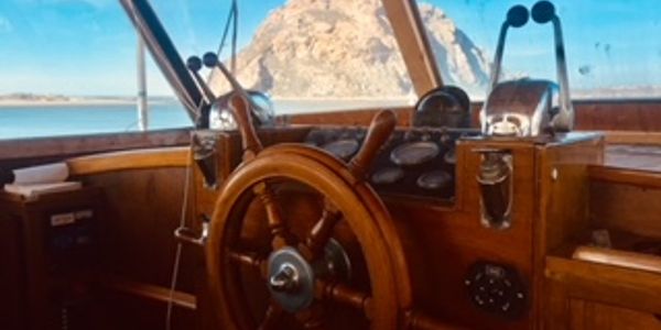 Helm of Terry's Stephens Brothers 50 ft Motor Yacht in Morro Bay Harbor