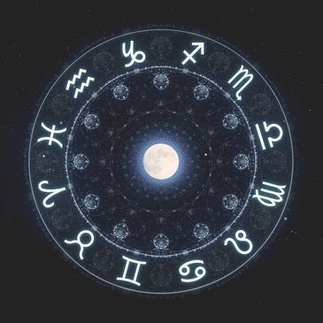 A glowing zodiac wheel with the moon at the center.