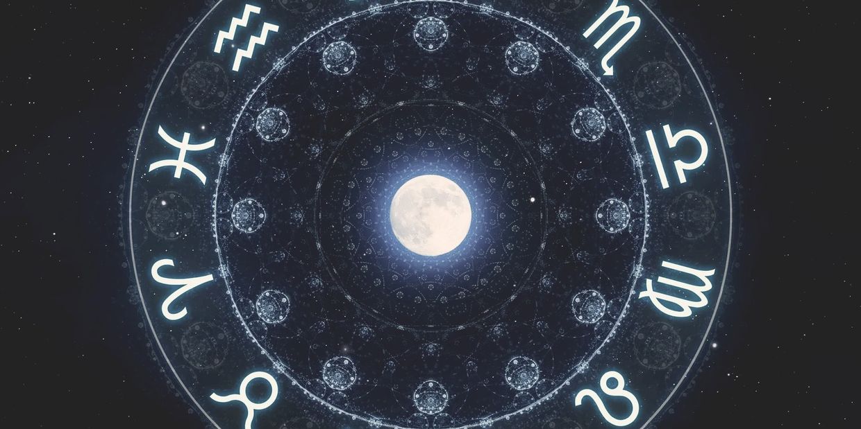 Glowing zodiac signs encircle a radiant full moon in a mystical cosmic design.