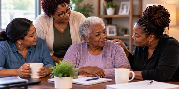 Four women having a supportive conversation at a table.