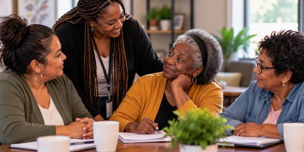 Four women engaged in a warm conversation with notebooks and mugs around.