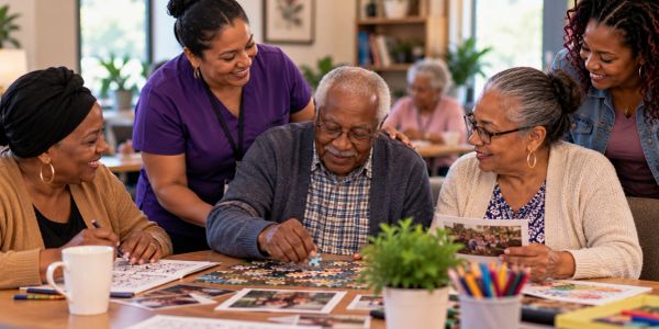 Group of seniors and caregivers enjoying a puzzle activity.