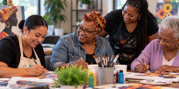 Four women happily painting together in a cozy art room.