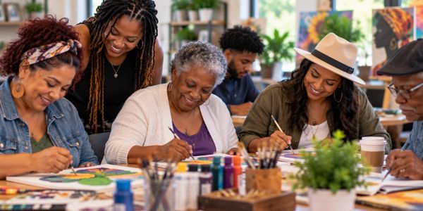 Group of diverse people enjoying painting together.