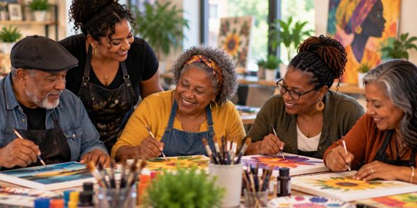 Group of adults enjoying a painting class.
