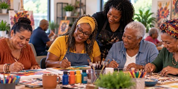 Group painting activity with smiles and shared joy.