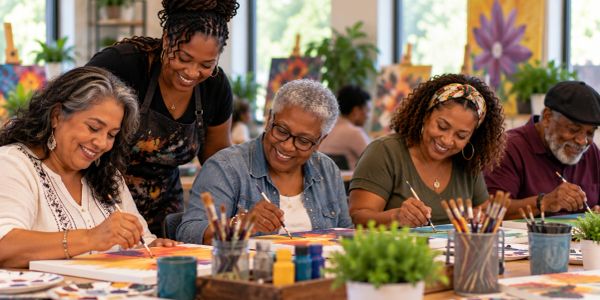 Group of people enjoying painting together.