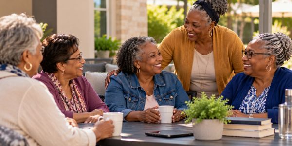 Group of elderly women enjoying coffee and conversation outdoors.