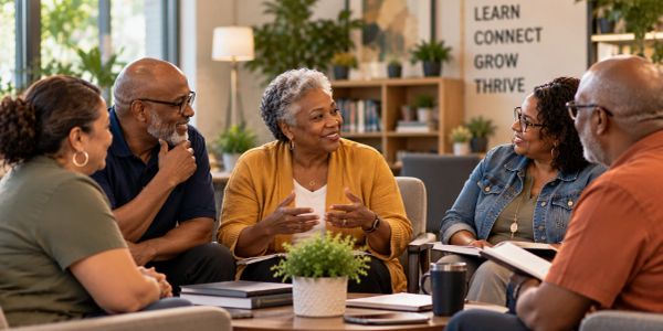 Group of older adults engaging in a friendly discussion.