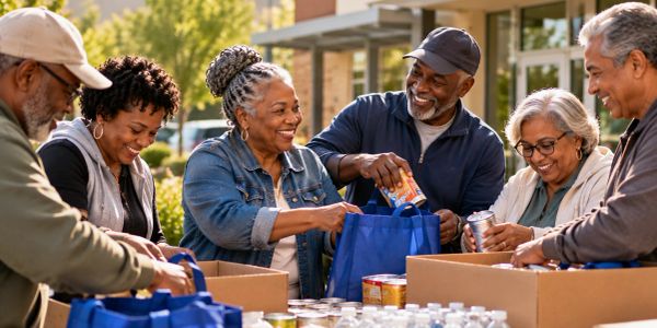 Group of diverse seniors packing groceries outdoors.