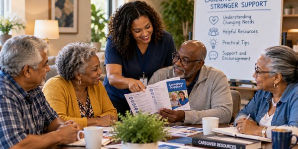 Group discussing caregiver support in a meeting.