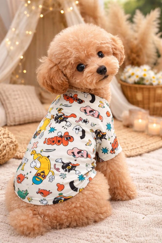 Fluffy dog wearing a colorful cartoon print shirt, looking back adorably.