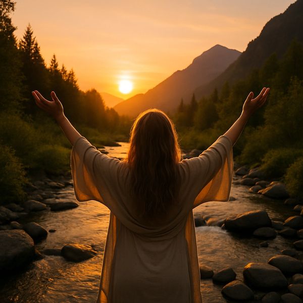 woman reaching to heaven in the mountains 