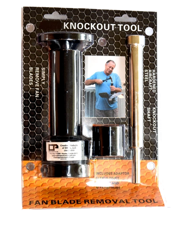 Fan blade removal knockout tool set with hardened steel shaft and adaptor.