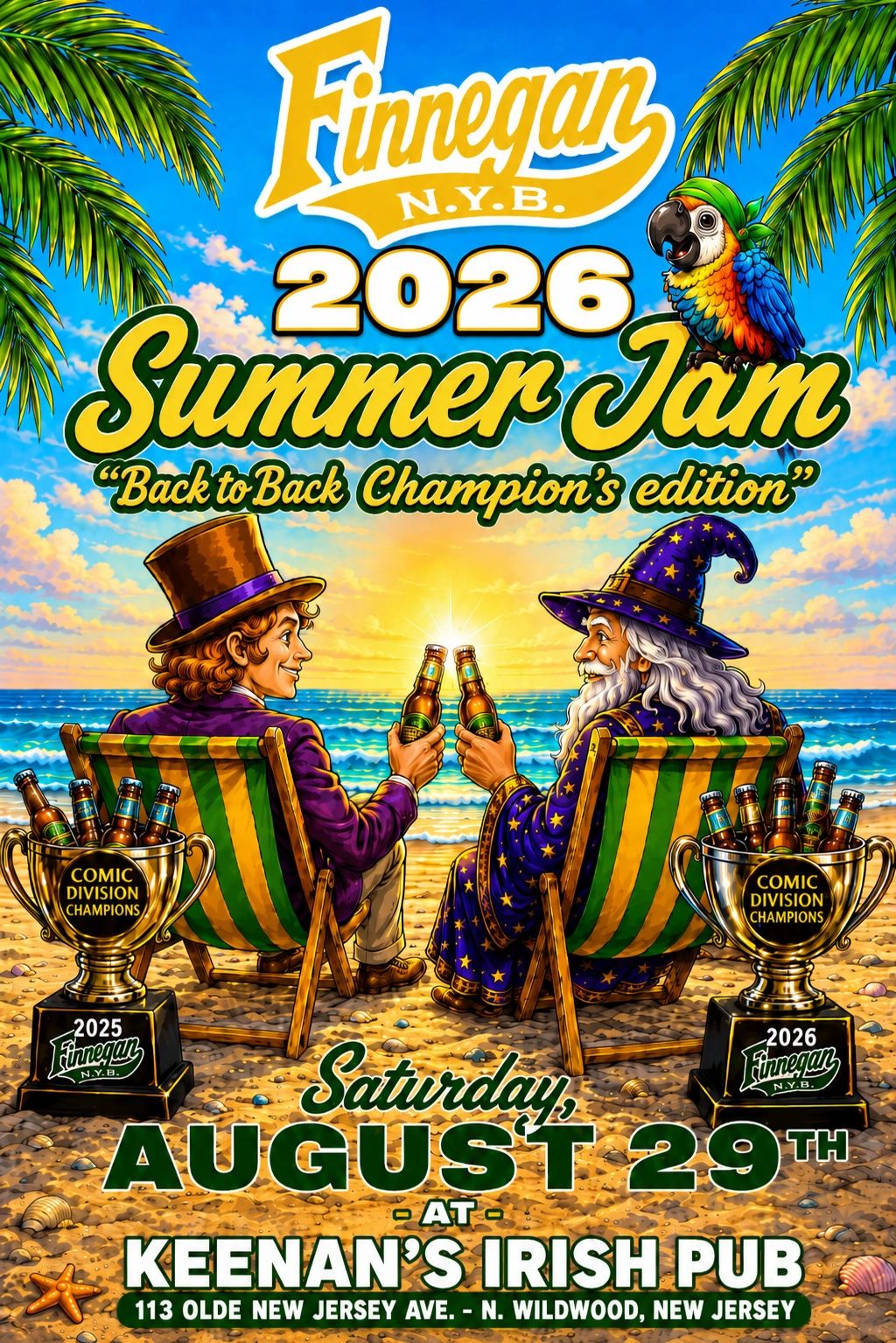 Finnegan 2026 Summer Jam event poster with two characters toasting on a beach.