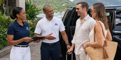 Two couples greeting each other outdoors near a car.
