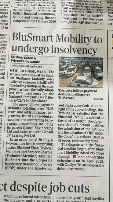 BluSmart Mobility admitted into insolvency by NCLT.