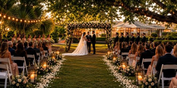 Outdoor wedding ceremony at sunset with floral decorations.